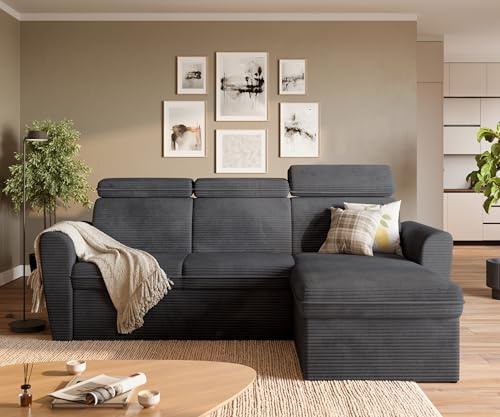 BROMARKT Ecksofa mit Schlaffunktion und Bettkasten 125x195cm L Dunkelgrau | Schlafsofa für Wohnzimmer Schlaffcouch mit verstellbaren Kopfstzützen Eckcouch Cord Sofa Wohnlandschaft Couch 3 sitzer EVRON