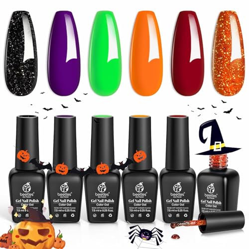 beetles Halloween Gel Polish Nail Set Hocus Pocus Collection Autumn Winter Orange Green Purple Black Glitter Gel Polish Set Soak Off Nail Lamp Uv LED Cured Manicure Gift for Girls