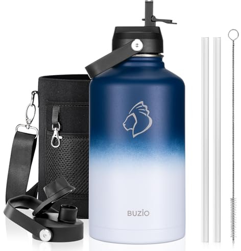 BUZIO 2L Insulated Water Bottle Stainless Steel with Straw & Spout Lid | Large Metal Water Thermo Flask, Keeps Cold 48 Hrs Hot 24 Hrs, Leakproof Drink Bottles, BPA-Free, for Gym, Travel, Sports