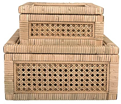Creative Co-Op Modern Decorative Square Woven Rattan and Wood Display Boxes with Glass Top, Set of 2 Sizes, Natural Finish