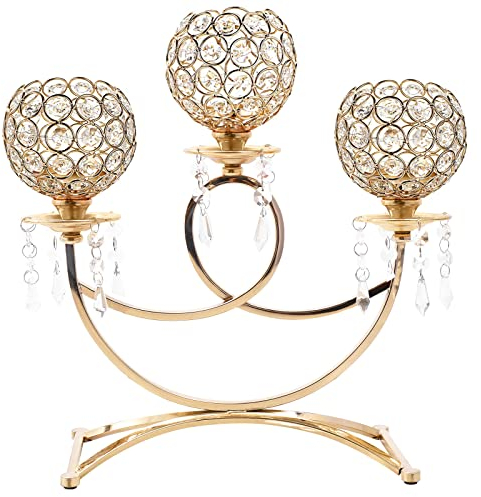 Kristall-Kerzenhalter, Kerzenhalter, mit 3 Armen, baumelt, Kandelaber, goldfarben, Tischdekorationen für Hochzeit, Wohnzimmer, Couch, Esstisch, Tafelaufsatz, Dekor (Gold-14 hoch)