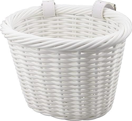 ZUKKA Woven Fahrradkorb Kinder Vorne Lenkerkorb Fahrradkörbchen Geflochten für Mädchen und Kinder mit Lederriemen, Dekorativ, Abnehmbar (Weiß)