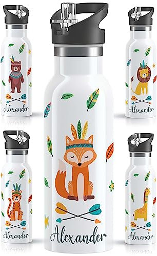 OWLBOOK® Edelstahl Trinkflasche Kinder personalisiert | Wasserflasche mit Strohhalm | 600 ml | Sportdeckel | Spülmaschinenfest | Schule Schulanfang Geschenke zur Einschulung Junge Mädchen | Fuchs