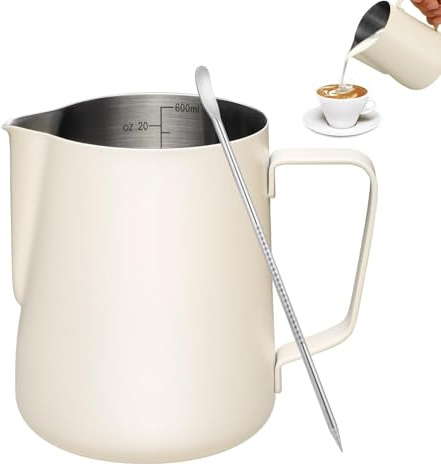 Jarra de espuma de leche de 20 onzas/600 ml, jarra de acero inoxidable para vapor, perfecta para leche, crema, agua, jugos, batidos (blanco, 600 ml)