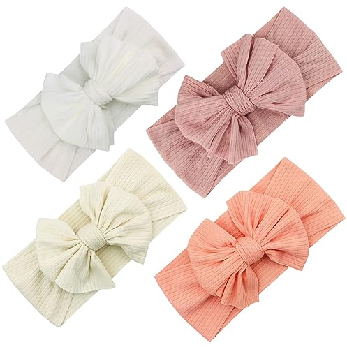EUDUQ Lot de 4 bandeaux doux en coton pour bébé - Haute élasticité - Pour nouveau-né et fille - Rose, blanc, beige, pêche
