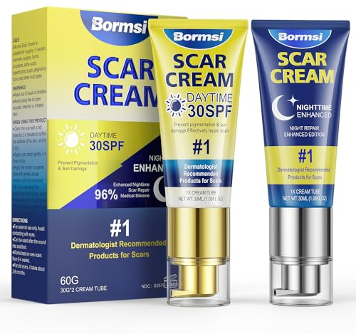 BORMSI Scar Cream,SPF 30 Suncreen & PM Silicone Intensive Overnight Scar Gel Reduces the Appearance of Scars from Surgical Scars,Stretch Marks,Keloid, 2 Tube,1.76 oz/Tube