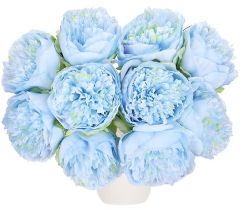 QUARKZMAN Cabezas de Flores Artificiales, Plantas de Hojas de Peonía de Seda, Hortensias de Flores Falsas de Azul Claro para Manualidades, Decoración de Bodas y Fiestas, 10 uds
