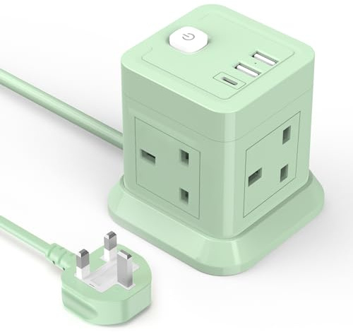 Cube Extension Lead with USB Slots, BEVA 4 Way Multi Plug Power Strip with 3 USB Ports (5V/2.4A), Desktop Power Extension Socket with 1.5M Extension Cords for Home Dorm Office Travel-Green
