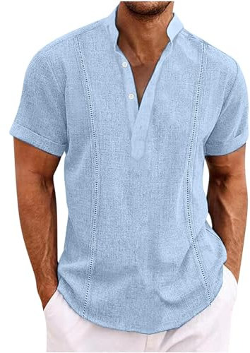AMhomely T Shirts For Men Uk Shirt For Men Adult Plus Size Short Sleeve Beach Shirts Baggy Hawaiian Shirts V Neck Oversized Casual Pullover Shirts Plain Summer Tops Holiday Light Blue M