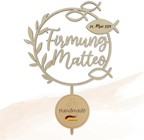 Birdart Box® Firmung Tortenstecker mit Namen – personalisierter Tortenstecker aus umweltfreundlichem Holz, stabiler Cake Topper 15cm Durchmesser (Zweig + Fische, Gold)