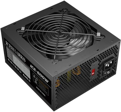 ICESHARKS - Protección de fuente de alimentación ATX no modular de 600 W, fuente de alimentación ATX no modular con conectores de 6+2 pines, AC115-230 V, 120 mm, ventilador silencioso para juegos