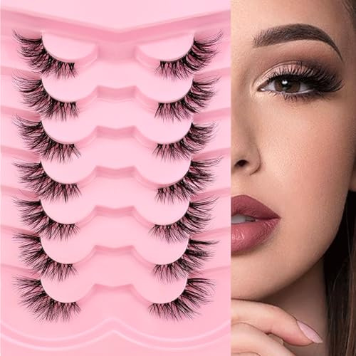 7 paires de demi-cils Clear Band Cat eye, 15mm Court Cat eye Cils artificiels look naturel, 1/2 coin Faux cils Set, 3/4 Corner Cils Réutilisables Cils de maquillage légers(7P-CZ-35)
