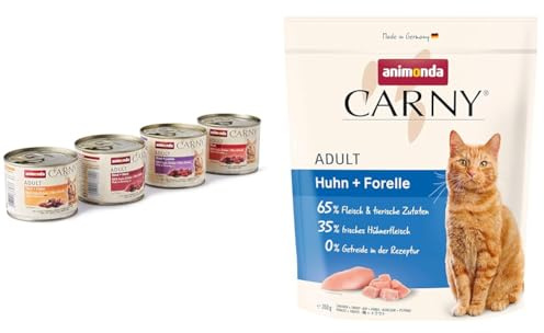 Animonda Carny Adult Katzen Nassfutter, Herzhafte Variation, 12 x 200 g + Carny Trockenfutter, zuckerfrei und ohne Getreide – mit Huhn + Forelle, 1 x 350 g