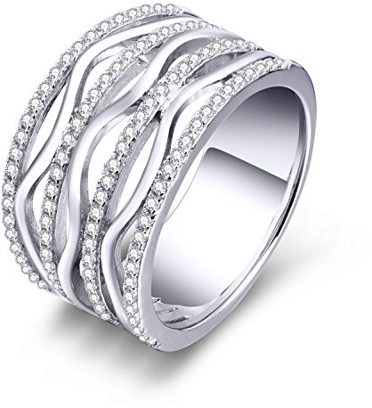 Sternvoll® Damenring aus 925 Sterling Silber Rhodium platziert mit Zirkonia Breiter Bling Ring