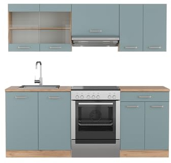 Vicco Küchenzeile R-Line, Blau-Grau/Goldkraft Eiche, 200 cm | 5 Module · Höhenverstellbare Füße · AP Eiche inkl. · Robuste Fronten · Mit Glasschrank · Frei kombinierbar