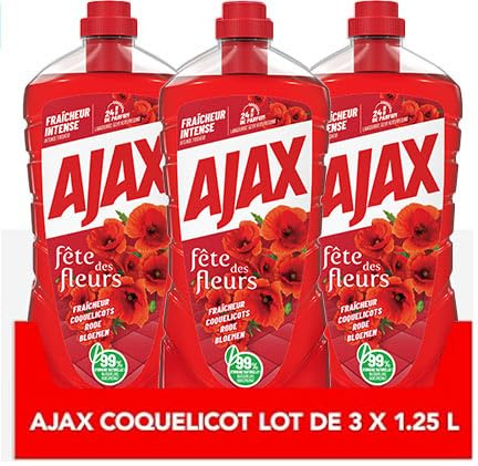 AJAX - Flacon Nettoyant menager Fête des Fleurs Coquelicot - Agit Contre Tous Types De Saleté -Le lot de 3 flacons de 1,25L