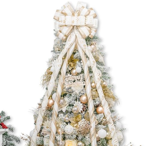 Hismir Christmas Tree Topper Bow，53x15 Inches Large Christmas Bow with Glitter Streamer and Patterned Ribbon，Decorative Bows for Xmas Tree Wreath Door Festival Home Decor(White Gold)