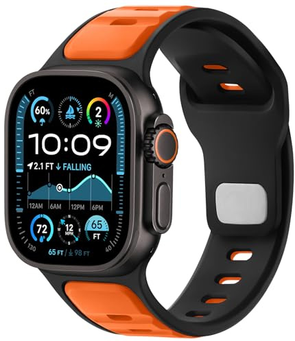 Anlinser Sport Straps Compatible with Apple Watch Strap 49mm 46mm 45mm 44mm 42mm for Men Women, Silicone Loop Band Designed for iWatch Ultra 3/2/1 Series 11 10 9 8 7 6 5-1 SE, Black-Orange
