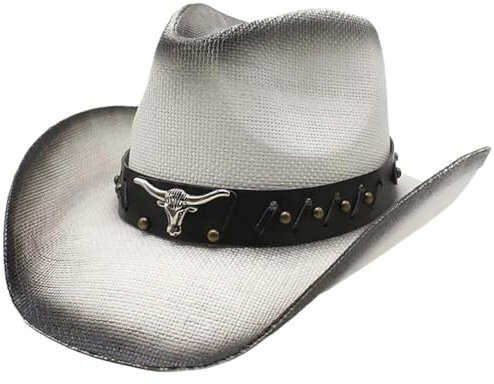 Meiliyizu Cowboyhut aus Stroh, Outdoor-Strohhut für Damen und Herren, Unisex, breite Krempe, Cowboyhut mit Stierkopfgürtel, atmungsaktiv, sonnenfest, Reise-Sonnenkappe