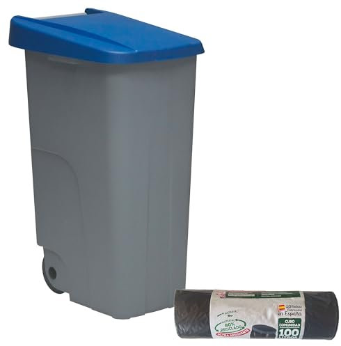 WELL HOME MOBILIARIO & DECORACIÓN Contenedor Cerrado 85L Azul H.76cm + Rollo 10 bolsas de basura 100L