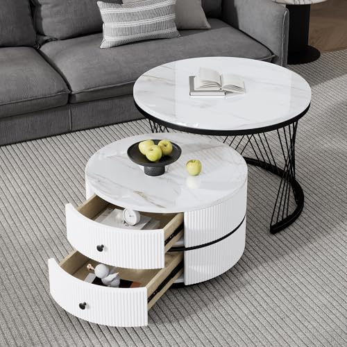 Montary Runder Couchtisch 2er Set, 60*60*46cm & 50*50*30.8cm, Mit Schublade und Hochglänzender Marmor Optik, Bis 30kg Belastbar, Nesting-Kombination