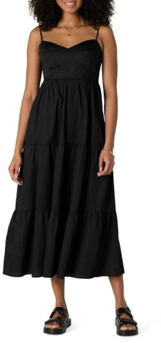 Amazon Essentials Women's Fit and Flare Empire Waist Sweetheart Neck Cotton Sateen Tiered Maxi Dress, Black, X-Large