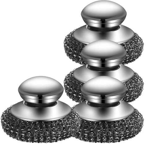 Stainless Steel Scourer, Non Scratch Stainless Steel Scourers with Handle, Washing Up Scourer, Scouring Pad Ball - Easy Grip for Cleaning Kitchen Pots Pans Grills Sink (4Pcs)