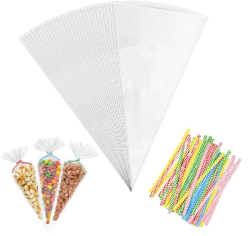 LISOPO 100 Stück Cellophantüten Süßigkeiten Tüten transparente Zellophantüten mit Kabelbinder Partytüten Geschenkbeutel für Hochzeit Geburtstag Weihnachten Tüten(25 x 13 cm)
