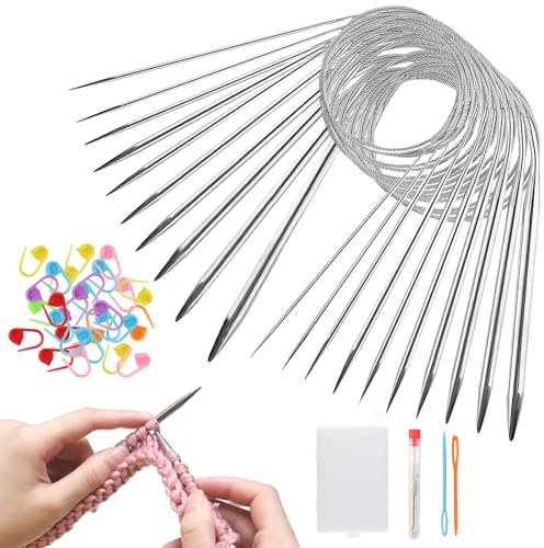 80cm Rund Metall Stricknadeln Set, 9Stks Kreisförmige Stricknadeln aus Edelstahl, 2.5-10mm Rundstricknadeln, Lange Sockenstricknadeln mit Etui 11 Nähnadeln 100 Maschenmarkierer für Pullover Schal