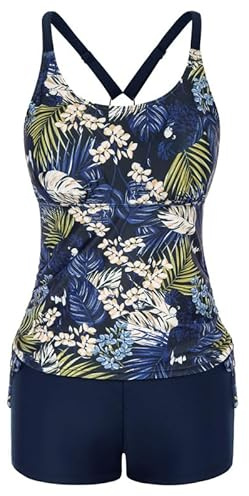 JASAMBAC Tankini Mujer Traje de Baño de Dos Piezas Reductora de Abdomen Parte Superior de Tankini y Shorts de Baño de Cintura Alta Cómodo Traje de Baño con Tirantes Ajustables Deportivo Moda Playa, XL