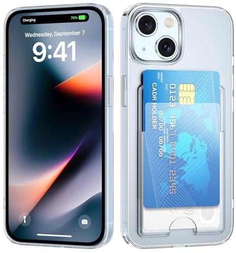 nicekool Hülle für iPhone 15 mit Kartenfach für 2 Karten, Handyhülle Kartenhalter Transparente Rückseite Schutzhülle Dünn Weiche Stoßfest Handy Kartenetui Bumper Brieftasche Cart Case Cover