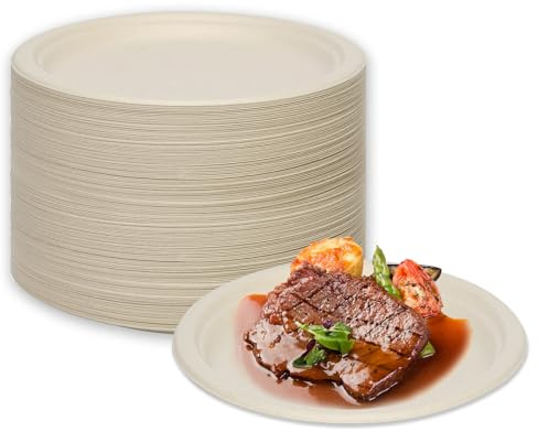 LDFDRT Pappteller 100 Stück Einweggeschirr Zuckerrohr Partyteller Zuckerrohrfaser Rund Geschirr Zuckerrohrteller (natürlich, 22,8cm)