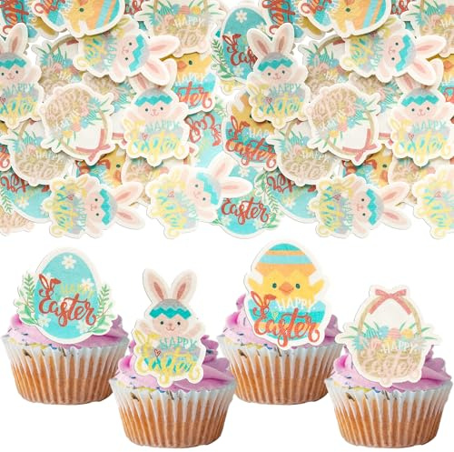 Gyufise 48Pcs Edible Easter Egg Cupcake Toppers Wafer Paper Happy Easter Cupcake Picks Edible Easter Bunny Cupcake Decors for Easter Theme Baby Shower Birthday Party Supplies