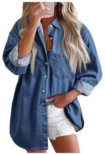 KBOPLEMQ Chemisier en jean pour femme - Blouse pour femme - Chemises western pour femme - Tunique pour femme - Manches longues - Chemisier décontracté élégant pour femme - Chemisier à col boutonné