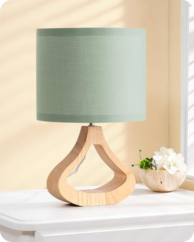 EDISHINE LED Nachttischlampe, Holzsockel in Flaschenform, Graugrün | Lampenschirm aus Leinen, E27 Fassung mit 2700K LED-Birne, 34 cm für Wohnzimmer und TV-Schrank
