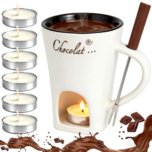 Ceramic Chocolate Fondue Mug Set with Fork, Melting Pot for Chocolate Butter Cheese | Candle Heated Fondue Warmer Cup, Kitchen Dessert Melt Set for Home Use