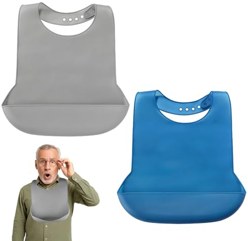 Girihe 2 PCS Adult Bib, Reusable Waterproof Adult Eating Bibs with Pocket, Soft Durable Silicone Bibs for Elderly Senior Adults and Disabled (Blue and Grey)