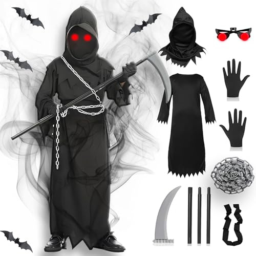 Gozuein Costume Halloween Bambino – 7 Pezzi Vestito Halloween Grim Reaper con Mantello Nero, Cappuccio, Occhiali Luminosi e Falce, Bambini 5-12 Anni per Carnevale, Feste e Cosplay (L)