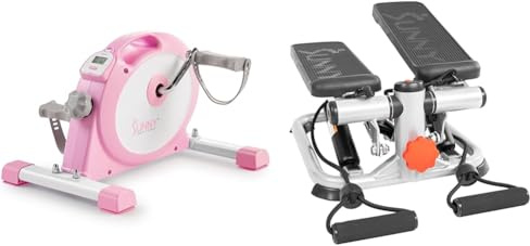 Sunny Health & Fitness Under Desk Smart Mini Pedal Exerciser, Dual Function Exercise Cycle Bike + Advanced Mini Home Steppers, Total Body Workout Stair Machine with Resistance Bands