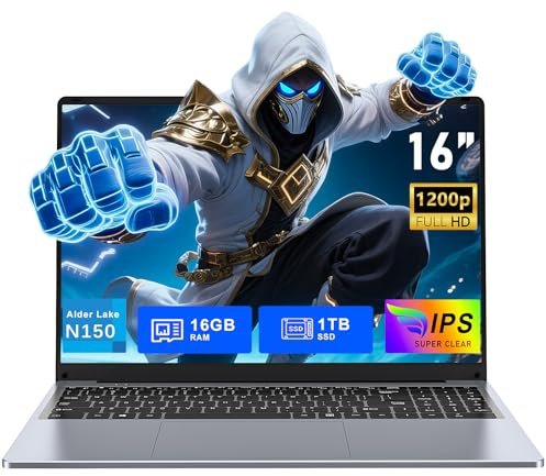 FUNYET Laptop 16 pollici, 16 GB RAM, 1 TB SSD, Win 11 Pro, Processore N150 (3,6 GHz), 6000 mAh, FHD 1920x1200, tastiera
