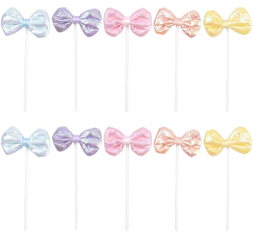 SOFPLATE 10Pcs 5 Colors Bow Cupcake Decor Plastic Cupcake Toppers 3D Colorful Coquette Birthday Cake Decor Bowknot Dessert Picks Decoration for Engagement Bachelorette Party Wedding Supplies Women