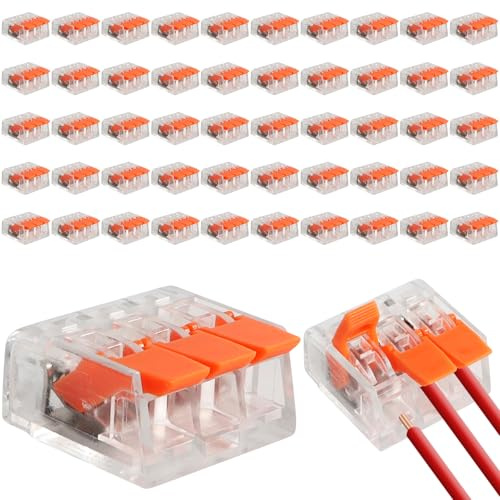 50 Stück Kabelverbinder 3 polig, Kabelklemmen Elektro, Wiederverwendbare Klemmen Set mit Betätigungshebel, 0,14-4,0 mm² Klemme Lüsterklemmen für Feste Kabe