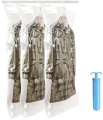 3 sacchetti sottovuoto sospesi, con ganci appendiabiti con gancio, 110 × 70 cm, salvaspazio, sacchetti sottovuoto per vestiti stagionali, abiti, cappotti, giacche