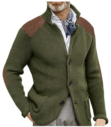 Generisch Giacca in maglia da uomo con blocchi di colore, scollo a camicia, giacca tradizionale con bottoni, vestibilità regolare, giacca in maglia tradizionale con maniche lunghe, giacca all'aperto