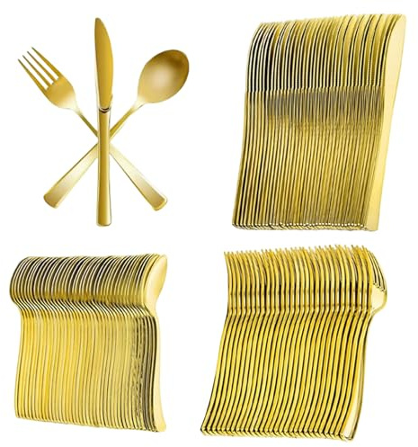 150Pcs Gold Plastic Cutlery Set - 50 Knives, 50 Forks, and 50 Spoons - Washable and Reusable Heavy Duty Tableware for Weddings Birthday Party and Events
