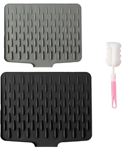3PCS Draining Mat Set, Drying Mat for Kitchen Sink Non-Slip Heat-Resistant | Premium Dish, Countertop Protector for Board Stone Worktops, Foldable Drainer, Cup Brush for Coffee Maker, Utensils