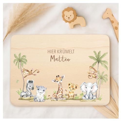 Little-Deco Individuelles Frühstücksbrettchen Kinder Holz, Hier Krümelt Brettchen mit Wunschnamen, Bedrucktes Holzbrett mit zertifiziertem UV-Druck, Taufgeschenk & Babygeschenk XFL1036