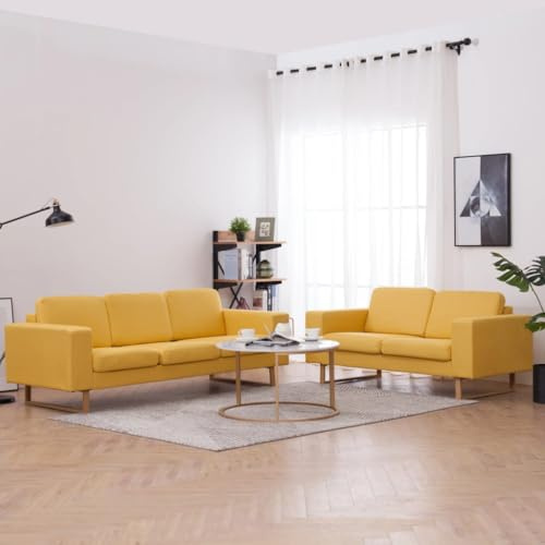 CKioict 2-TLG. Sofagarnitur Stoff Gelb mit 1 x 2-Sitzer und 1 x 3-Sitzer Sofa inklusive 5 Rückenkissen und 5 Sitzkissen – Stilvolle Wohnzimmergarnitur aus strapazierfähigem Stoff