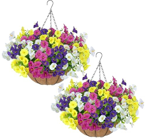 Fairblo 2Pcs Artificial Hanging Baskets Outdoor Faux Silk Morning Glory Flower Fake Flowers DIY Chain Hanging Basket Artificial Hanging Plants for Spring Porch Balcony Garden Home Decor (Multicolor)