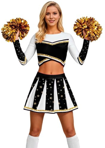Cheerleader Kostüm Damen, Karneval Kostüm Damen Fasching Cheerleading Set mit Cheerleader Pompons, Kleid/Crop Top, Faltenrock Kurz - Cheerleadering Faschingskostüme für Mottopartys, Sportveranstaltung
